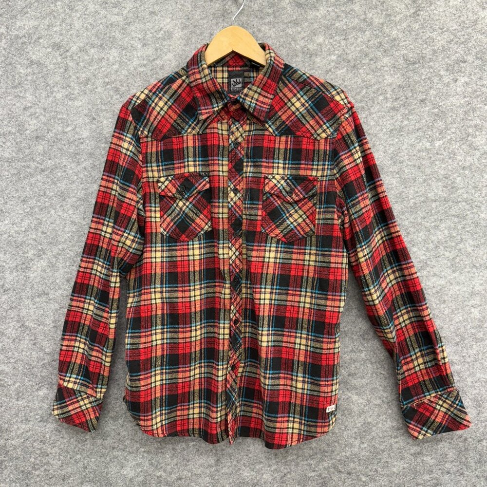 MICROS Plaid Flannel Shirt Men's Long Sleeve, Red Pattern, Size XL